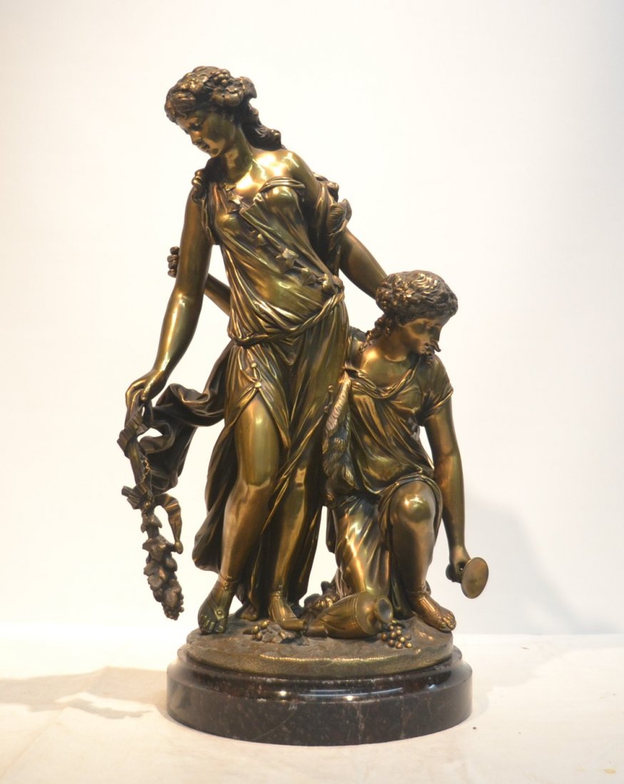 JEAN JULES SALMSON (1823-1902) 19thC FRENCH BRONZE: DOUBLE FIGURE DEPICTING (2) MAIDENS WITH GRAPES & URN ; WITH RAINGO FRERES FOUNDRY ; RAISED ON SWIVEL MARBLE BASE - 14" x 27"