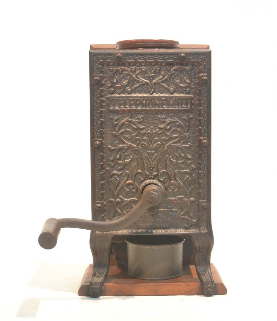EMBOSSED IRON ON WOOD TELEPHONE MILL COFFEE: GRINDER BY ARCADE MFG Co. ; 1893 , FREEPORT , ILLINOIS - 8" x 8" x 13"