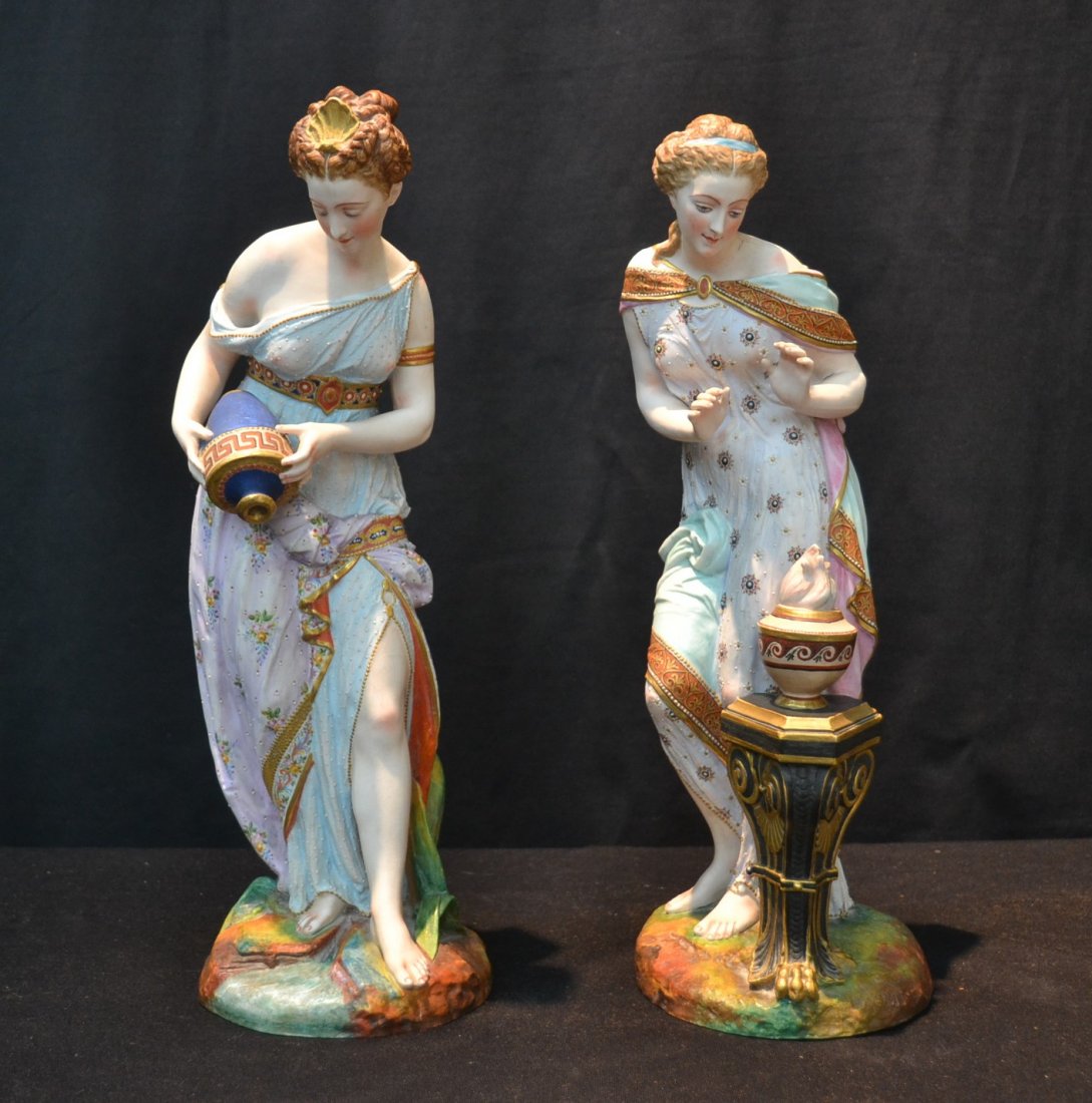(Pr) GEORGE JONES & SONS PAINTED BISQUE FIGURES: OF MAIDENS WITH URN & JUG - 6" x 17" ; WITH BLUE GJ STAMP ON BOTTOM