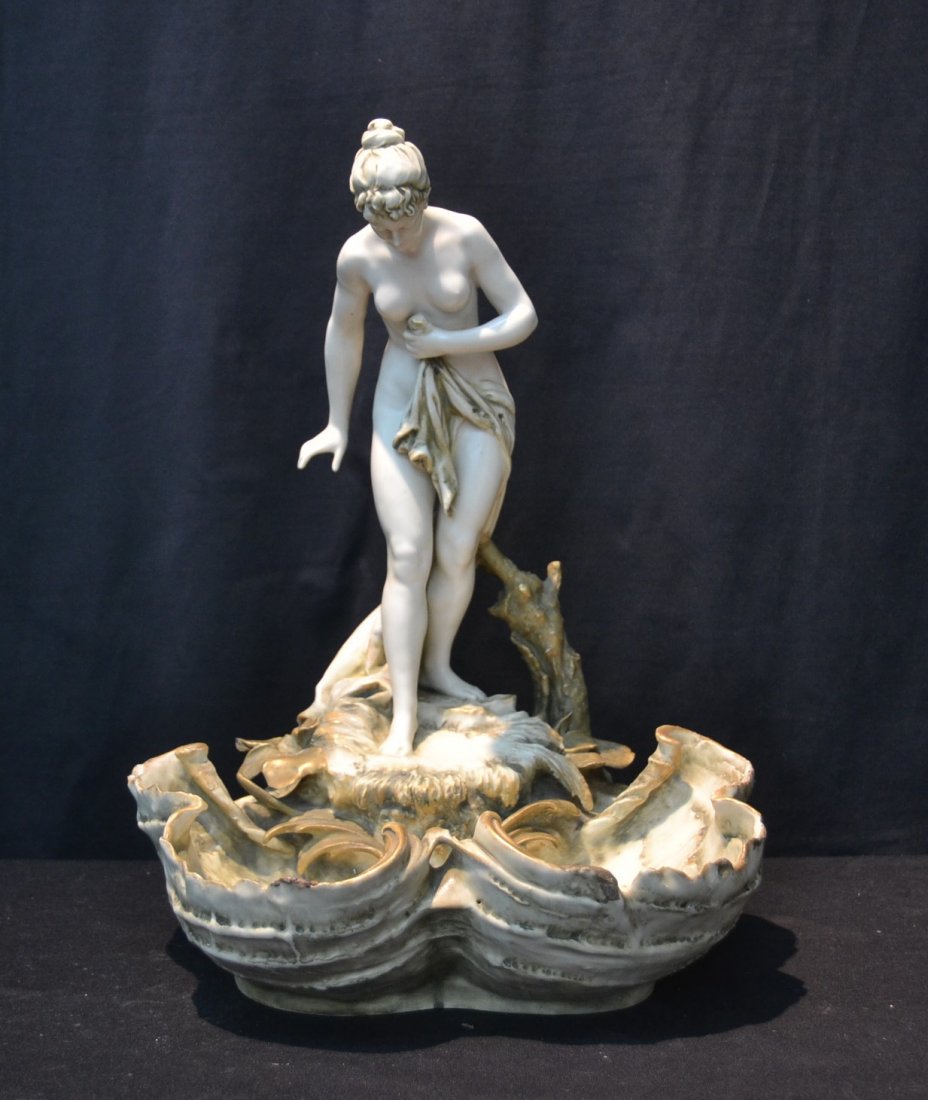 NOUVEAU TEMPLITZ AMPHORA NUDE ATOP DOUBLE SHELL: CENTERPIECE - 13 1/2" x 18": (MINOR CHIPS)