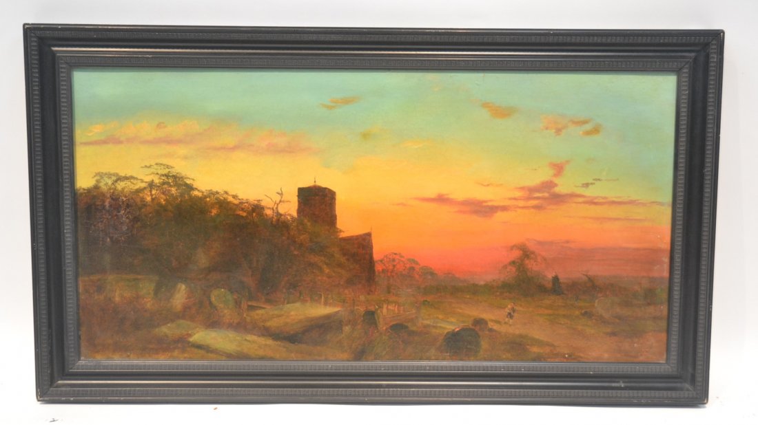 OIL ON CANVAS MAN WALKING IN SUNSET LANDSCAPE: 40" x 20" , 45" x 24"
