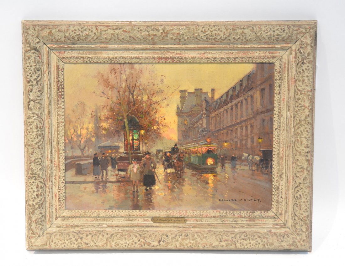 EDOUARD LEON CORTES (1882 - 1969 ) OIL ON CANVAS: ILLUMINATED PARIS STREET SCENE " QUAI DE LOUVRE" WITH HORSE DRIVEN CARRIAGES & TROLLY ; SIGNED EDOUARD CORTES ; LOWER RIGHT - 18" x 13" ,IN ORIGINAL FRAME 24" x 19 1/2" & HAS COPYRIGHT STAMP AND HERBE