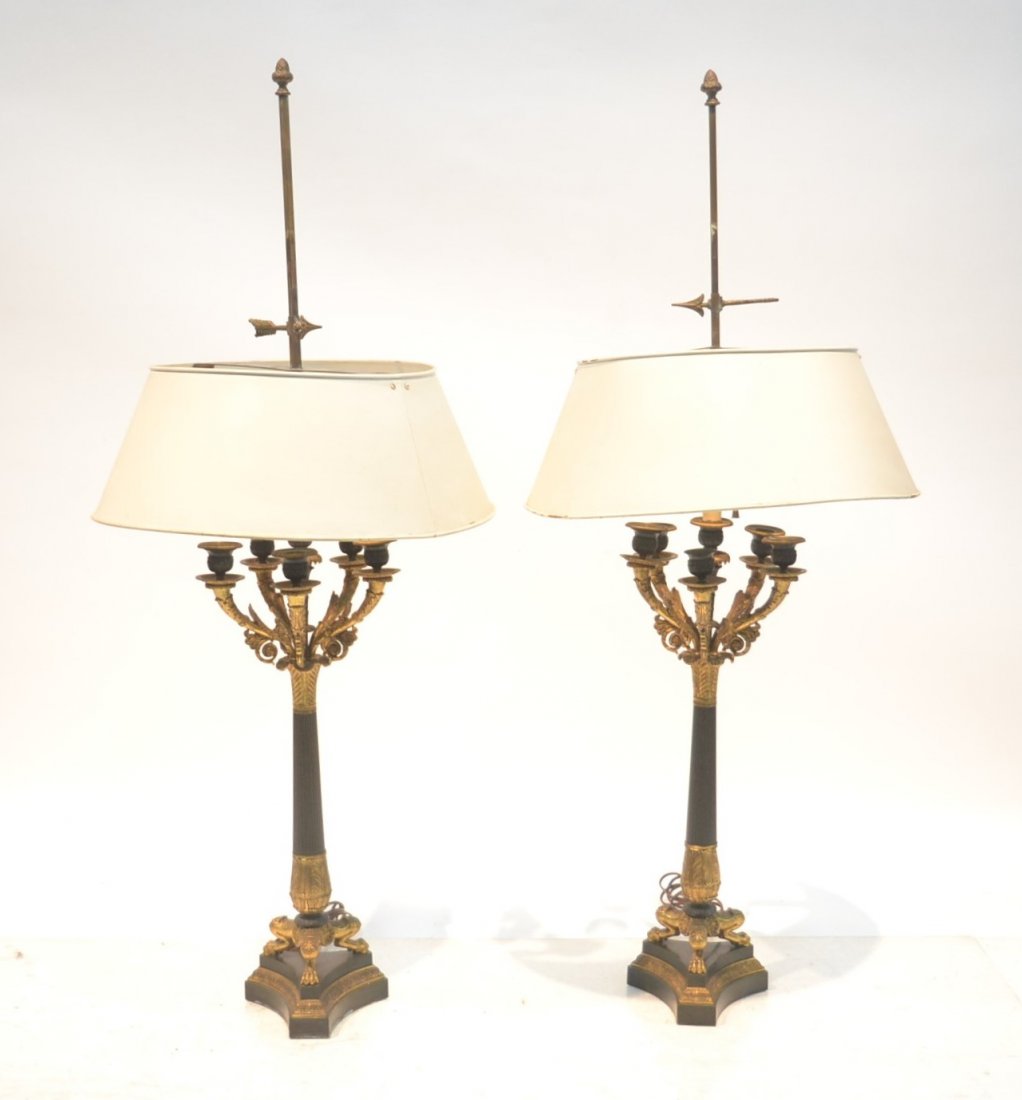 FRENCH BRONZE EMPIRE CANDELABRA LAMPS: 8" x 33" (ONE BOBECHE MISSING) WITH TOLE SHADES
