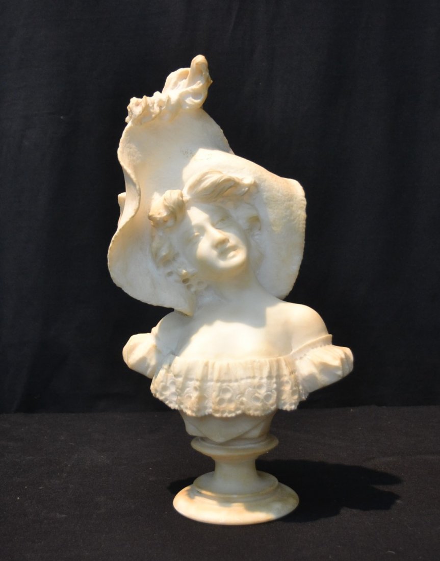 ALABASTER BUST OF GIRL WIITH HAT - 7 1/2" x 14": ALABASTER BUST OF GIRL WIITH HAT - 7 1/2" x 14"