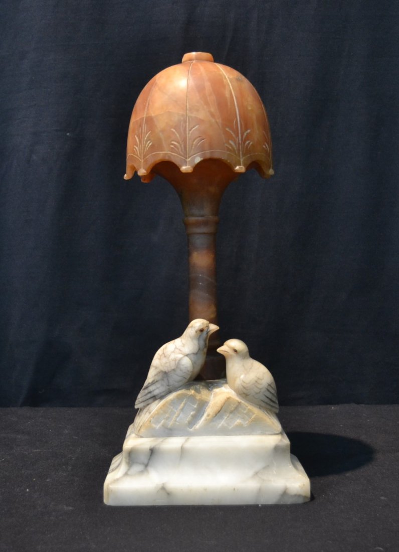 ALABASTER LAMP WITH DOVES & ORIGINAL GLOBE: 7" x 3 1/2" x 15 1/2"