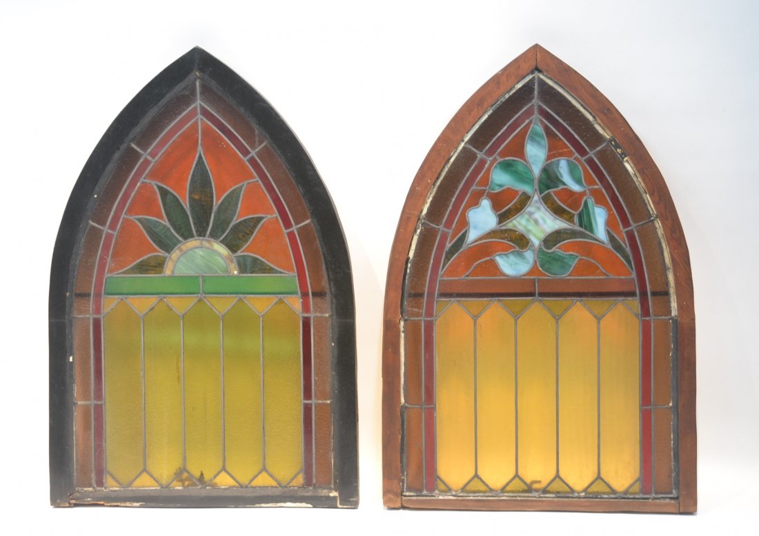 (2) STAINED GLASS ARCADED WINDOWS: 23" x 35"