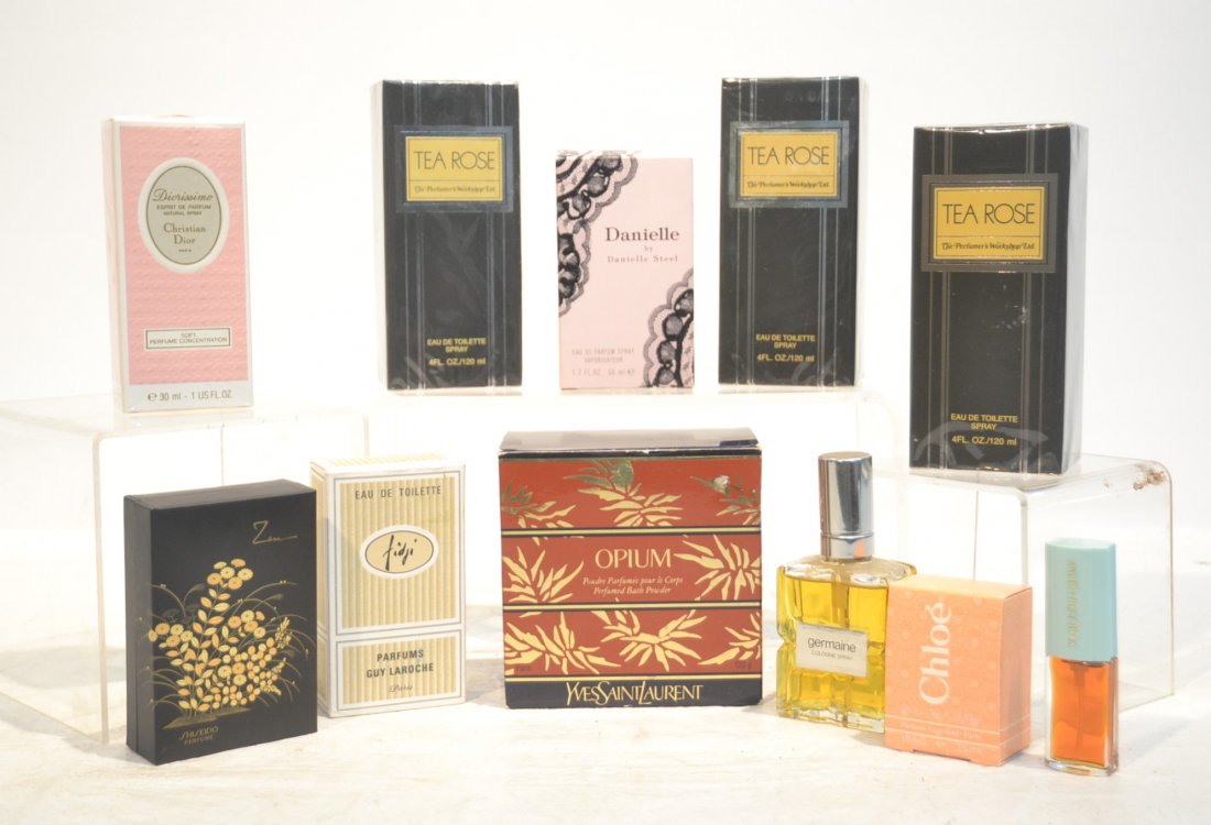 (11) PERFUME & TOILETTE SPRAYS INCLUDING: OPIUM POWDER , TEA ROSE , CHLOE , DANIELLE , CHRISTIAN DIOR & LAROCHE