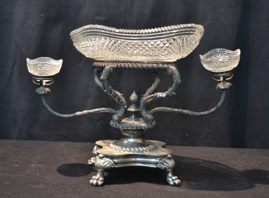 VICTORIAN SILVER PLATE & CUT GLASS EPERGNE: WITH CENTER BOWL (HAS CRACK) & (2) SIDE BOWLS -14" x 13"