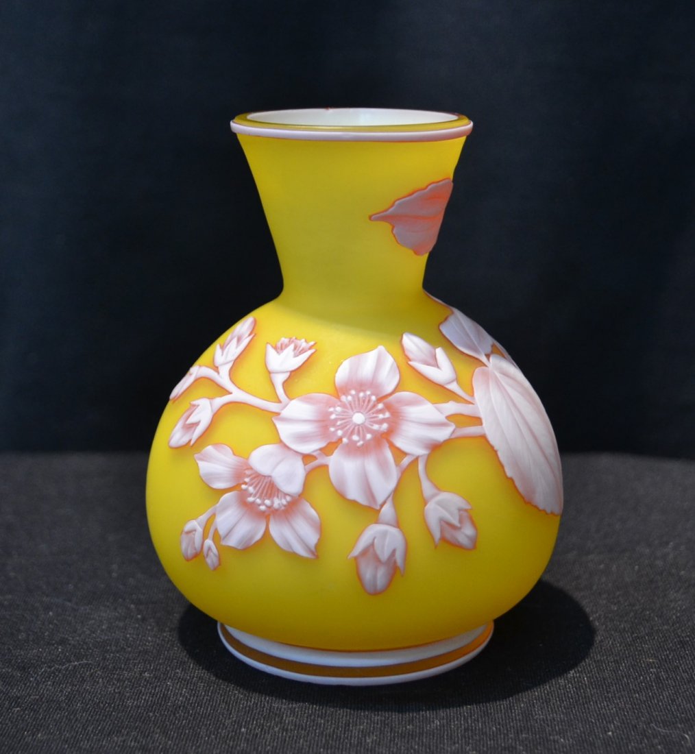 WEBB CAMEO GLASS VASE WITH FLOWERS , LEAVES &: BUTTERFLY - 3 1/2" x 5"