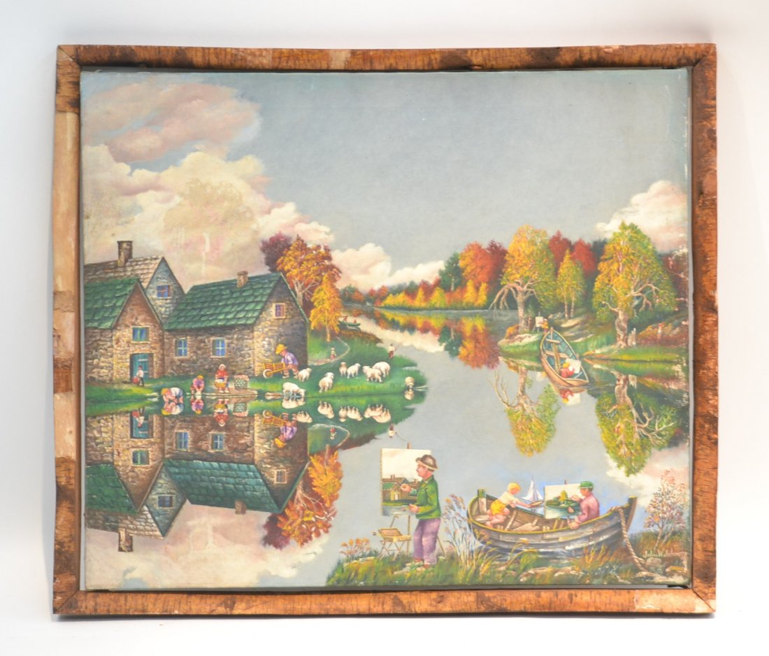 JOHN W. JOHNSON, OIL ON CANVAS FIGURES BY LAKE: WHITH ROW BOATS , CHILDREN & SHEEP ; SIGNED LOWER RIGHT - 27" x 23" , 29" x 25"