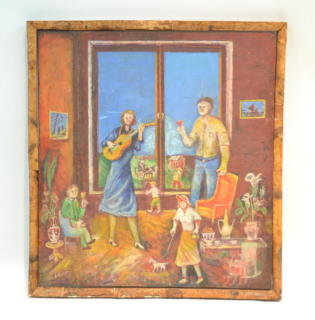 JOHN W. JOHNSON, OIL ON BOARD FIGURES WITH GUITAR: & DOG ; SIGNED LOWER LEFT - 27 1/2" x 30 1/2" , 30" x 33"