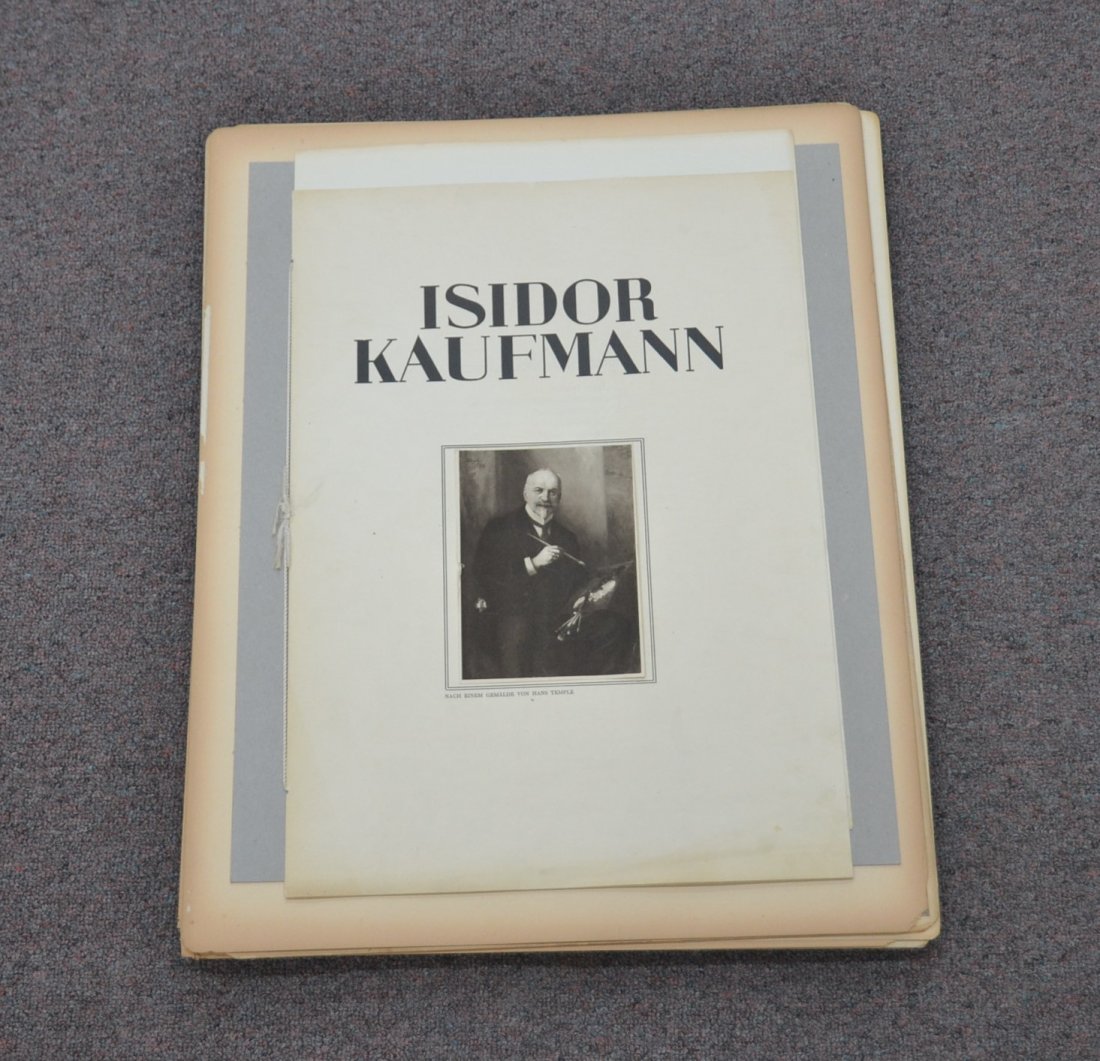 ISIDOR KAUFMAN , JUDAICA COLLOTYPE PORTFOLIO: CONSISTING OF (16) PLATES 1. Hoere Israel, 2. Aus der Hohenpriesters Stamme,3. Talmud Studium,4. Kerzensegen,5. Bettelmusikant,6. Eine Schwere Stelle 7. Der Fanatiker, 8. Der Zweifler, 9. Im Beth Hami