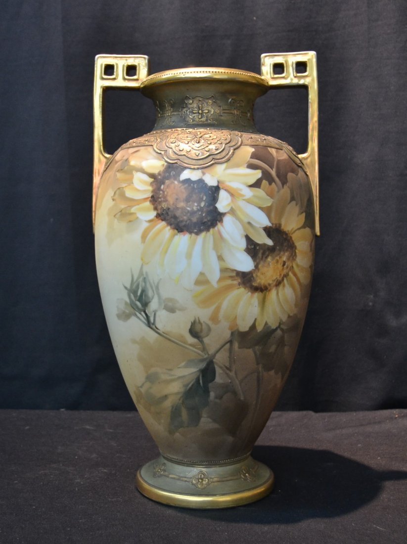 LARGE NIPPON TWIN HANDLE VASE WITH FLOWERS: 9" x 16 1/2"