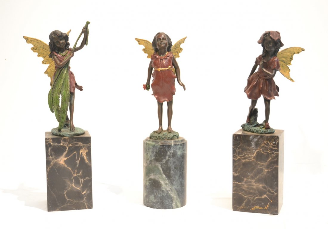 (3) COLD PAINTED BRONZES OF FAIRIES: ON MARBLE PLYNTHE , SIGNED MILO - 3" x 3" x 13"