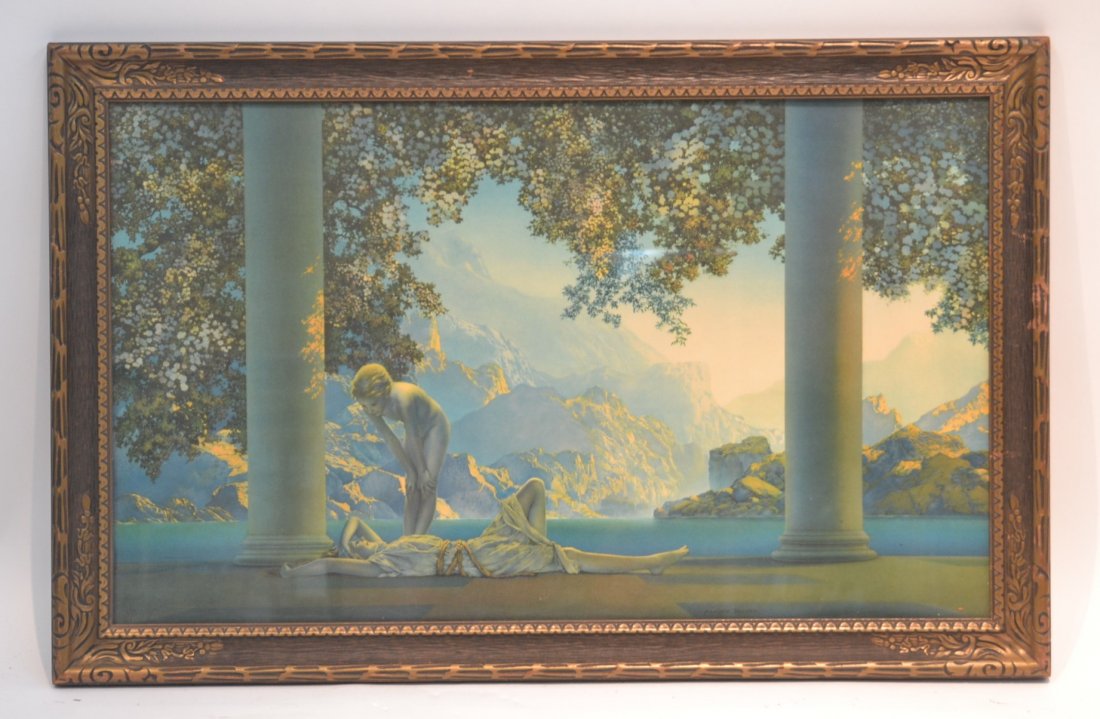 MAXFIELD PARRISH "DAYBREAK" PRINT: BY HOUSE OF ART, NY IN ORIGINAL FRAME - 34" x 22