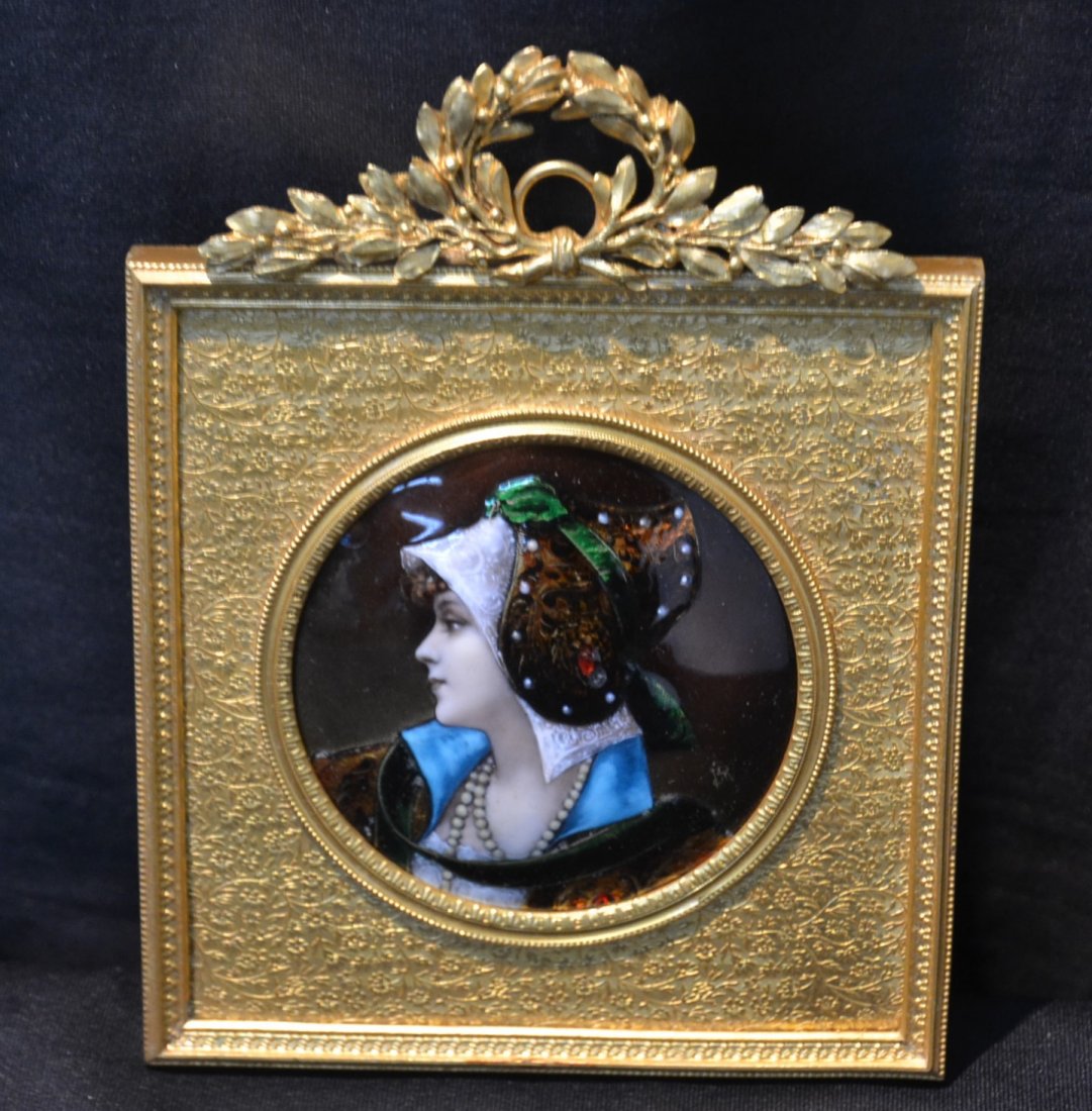 FRENCH ENAMEL ON COPPER PORTRAIT OF YOUNG: WOMAN ; ARTIST SIGNED SET IN DORE BRONZE FRAME - 5" x 6 1/2"