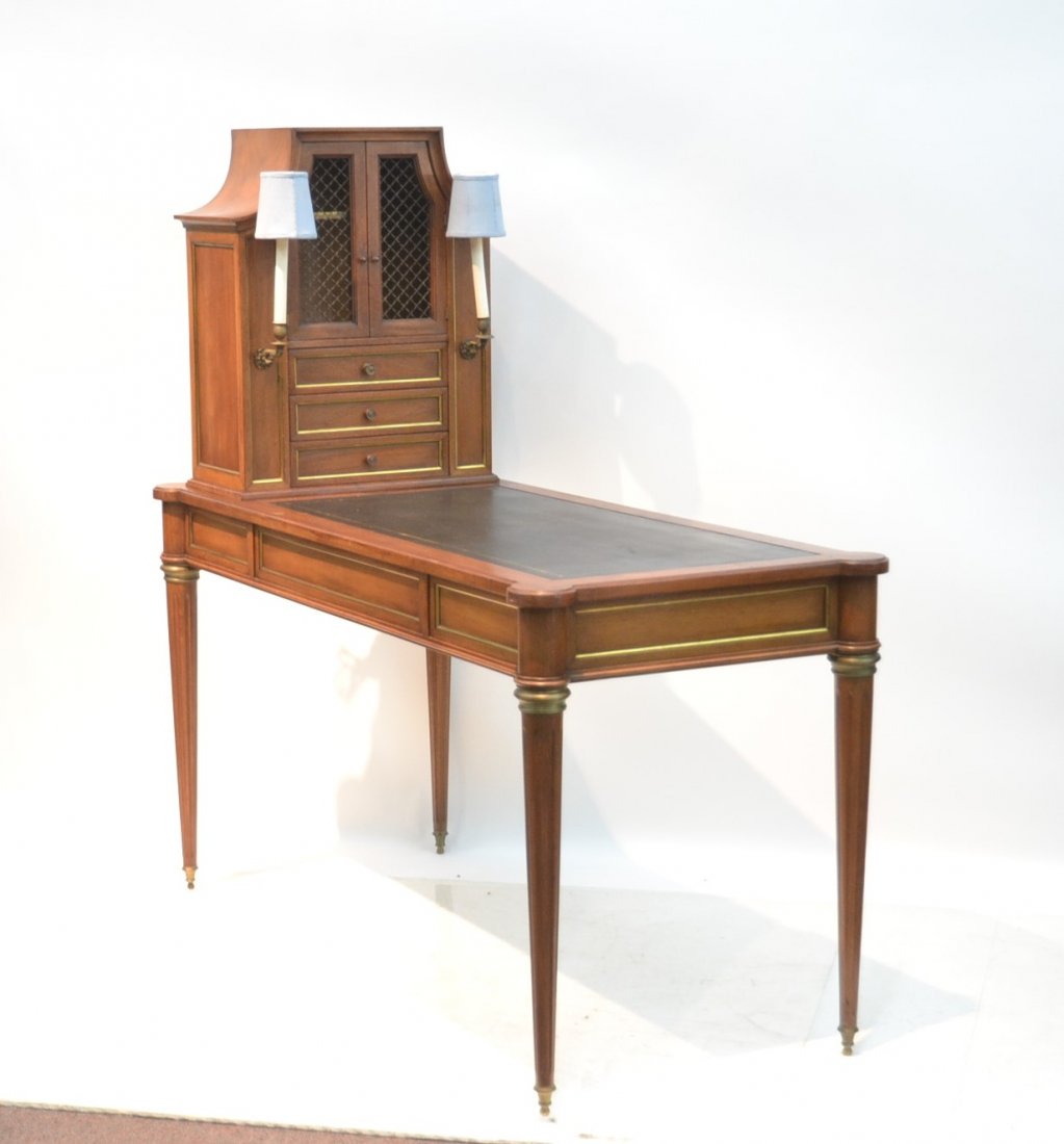 LXVI STYLE BUREAU PLAT DESK WITH SIDE CABINET: MOUNTED WITH SCONCES & MESH DOORS HAVING BRONZE MOUNTS - 58" x 25" x 56"