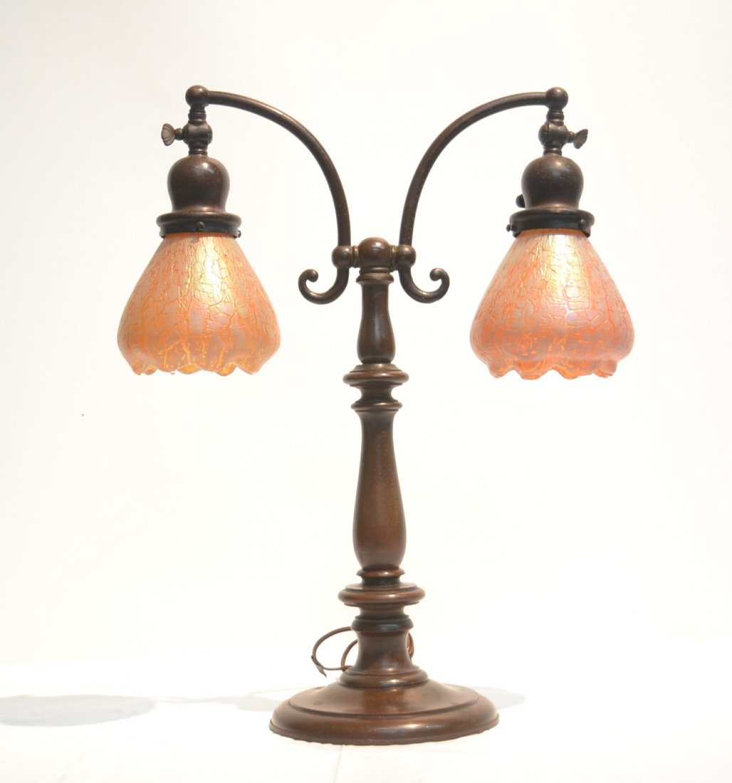 2-LIGHT BRONZE LAMP BASE WITH RUFFLED ART GLASS: SHADES ; POSSIBLY LOETZ - 15 1/2" x 20" , SHADES ARE 4" x 4 1/2"