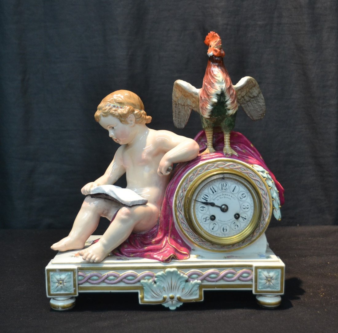 MEISSEN PORCELAIN CLOCK DEPICTING BOY WITH BOOK: SEATED ASIDE CLOCK WITH ROOSTER FINIAL BY HOWELL JAMES & Co. ; MOVEMENT BY VINCENT D' ARGENT - 10 1/2" x 5 1/2" x 12"