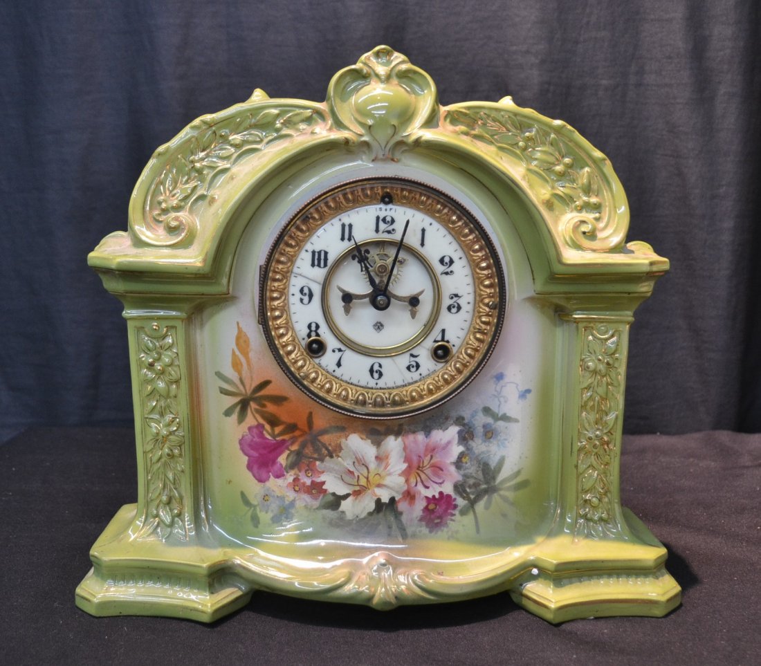ROYAL BONN "LA ORB" ANSONIA MANTLE CLOCK: WITH OPEN ESCAPEMENT - 14" x 5 1/2" x 12 1/2" (HAS CRACK ON DIAL)