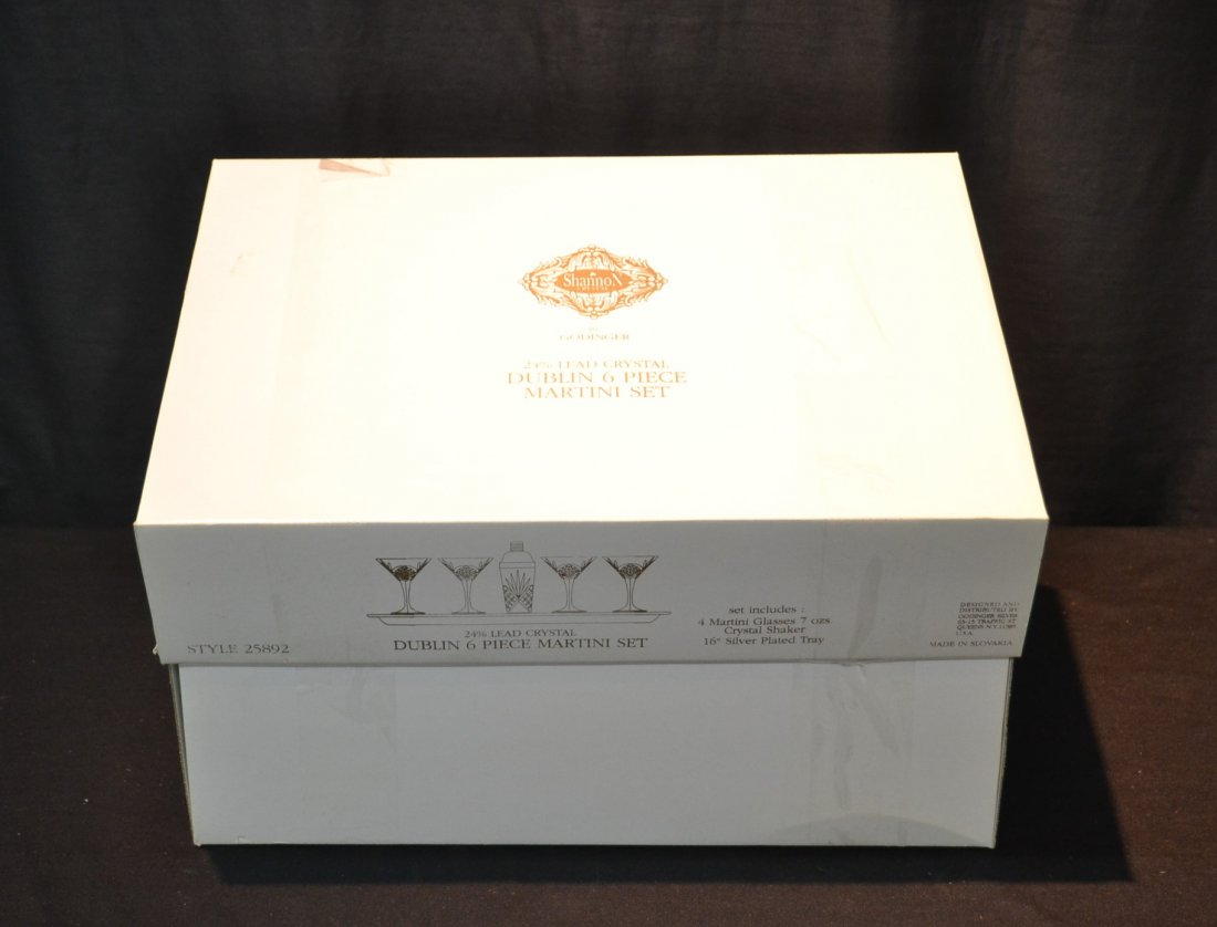 (6)pc DUBLIN CRYSTAL MARTINI SET (NEW IN BOX): CONSISTING OF (4) MARTINI GLASSES , CRYSTAL SHAKER & SILVER PLATE TRAY - 16"