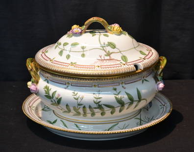 LARGE FLORA DANICA COVERED SOUP TUREEN &: FITTED UNDERPLATE WITH HAND PAINTED BOTANICALS ON BOTH SIDES & APPLIED PINK & YELLOW ROSES WITH DOUBLE BRANCH HANDLES ; TITLED MYOSOTIS PALUSTRIS WITH GRATIOLA OFFICINALIS , GALEOPSIS GALEOBDOLON L -