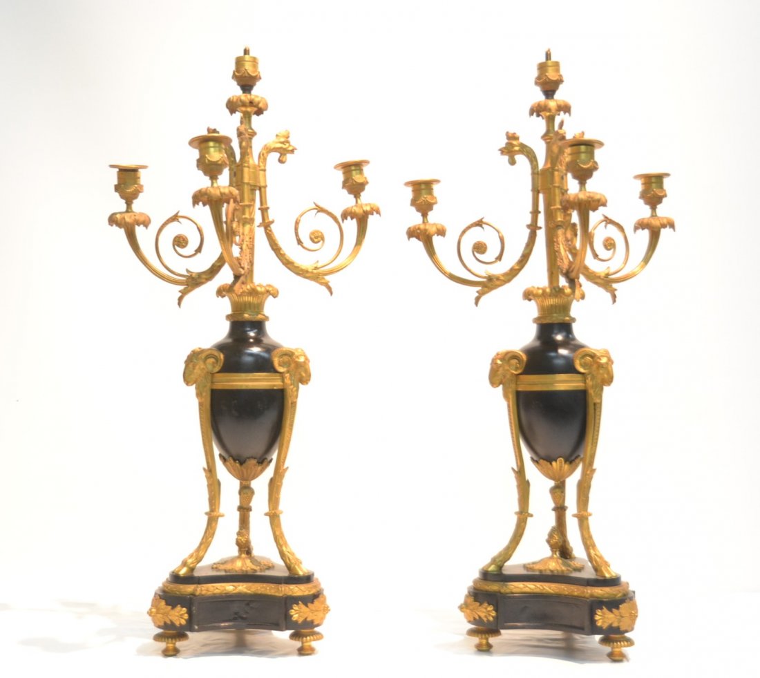 (Pr) BRONZE & MARBLE 4-LIGHT CANDELABRAS WITH: ANIMAL & RAM HEADS SUPPORTED BY HOOF FEET - 13" x 27"