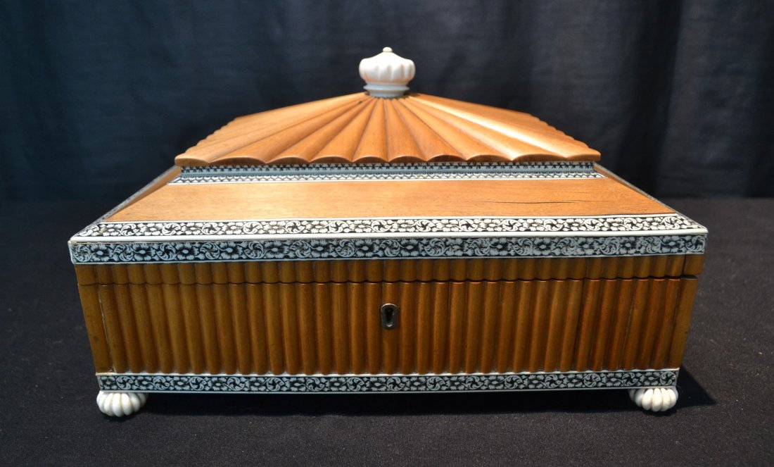BONE INLAID SEWING BOX WITH FITTED COMPARTMENT: & DROP DOWN COMPARTMENT IN LID - 12" x 9 1/2" x 8"