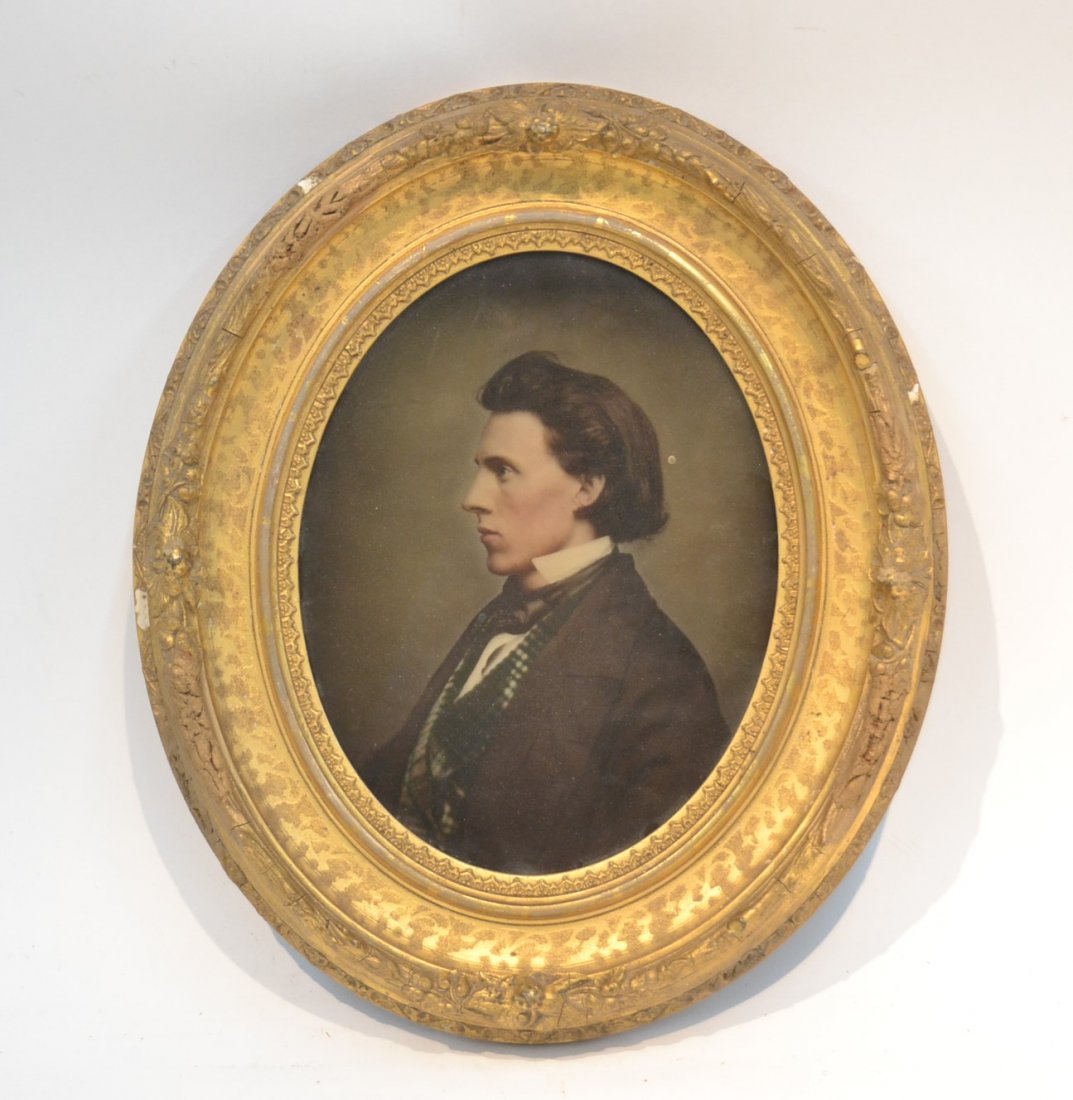 FRAMED FULL PLATE AMBROTYPE PORTRAIT OF GENTLEMAN: FRAMED IN OVAL GILT FRAME - 8" x 10" , 12 1/2" x 14 1/2"