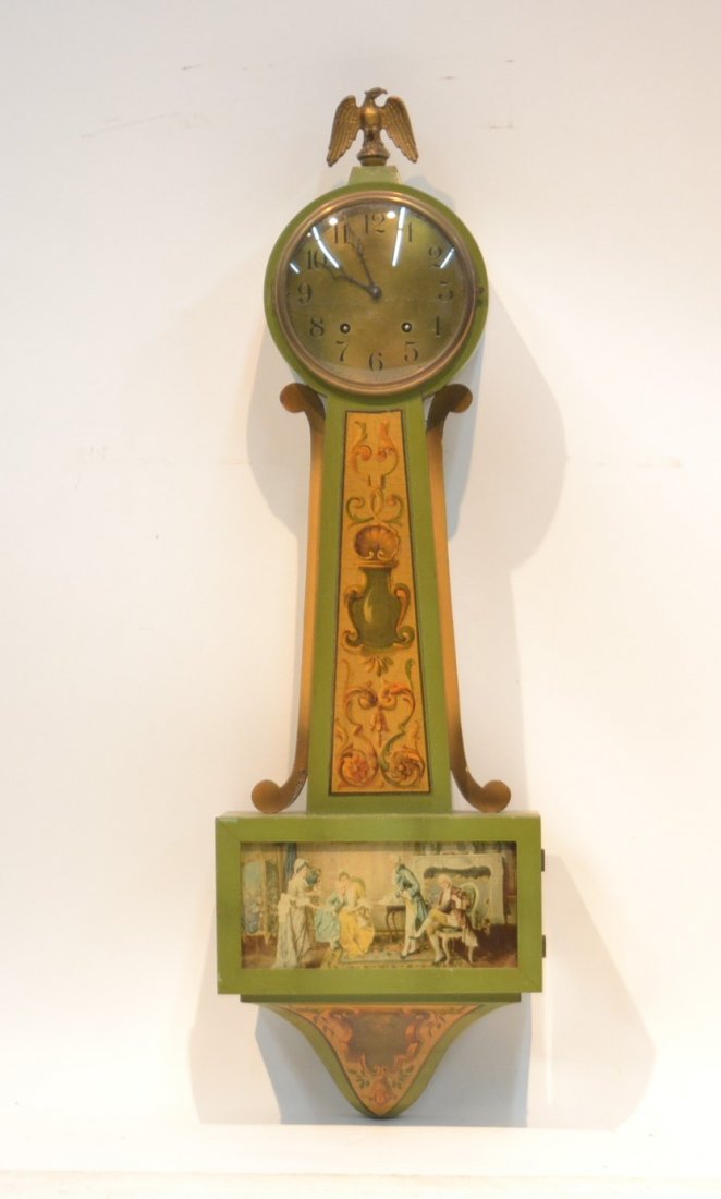 PAINT DECORATED GILBERT BANJO CLOCK WITH: EAGLE FINIAL - 9 1/2" x 4 1/2" x 30"