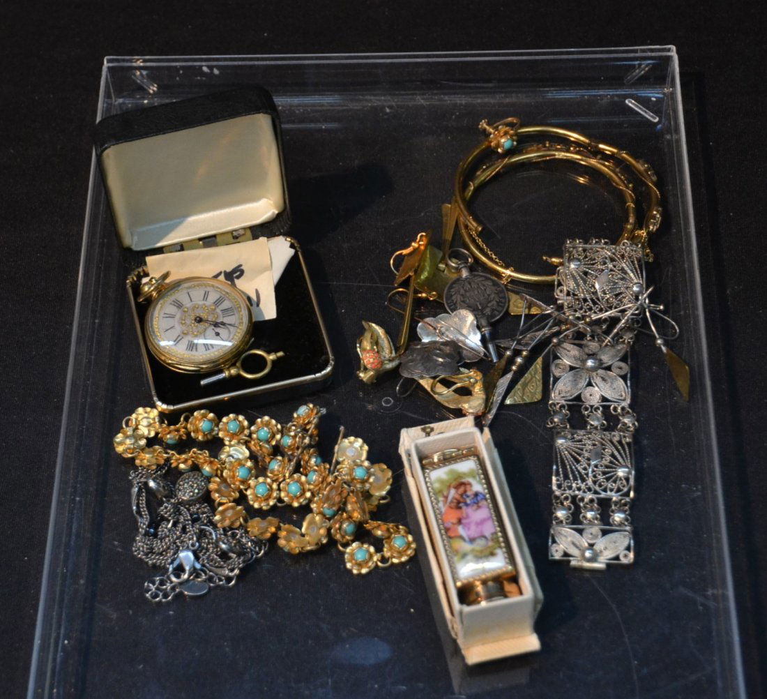 ASSORTED COSTUME BANGLES , POCKET WATCH,: SILVER BRACELETS , BSK EARRINGS & LIPSTICK CASE