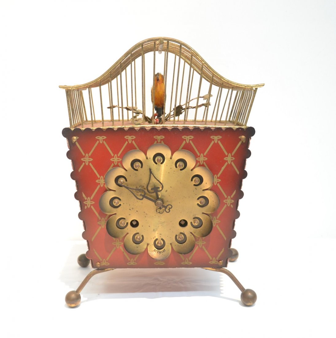 GERMAN AUTOMATON BIRDCAGE CLOCK: 8" x 5" x 10 1/2"