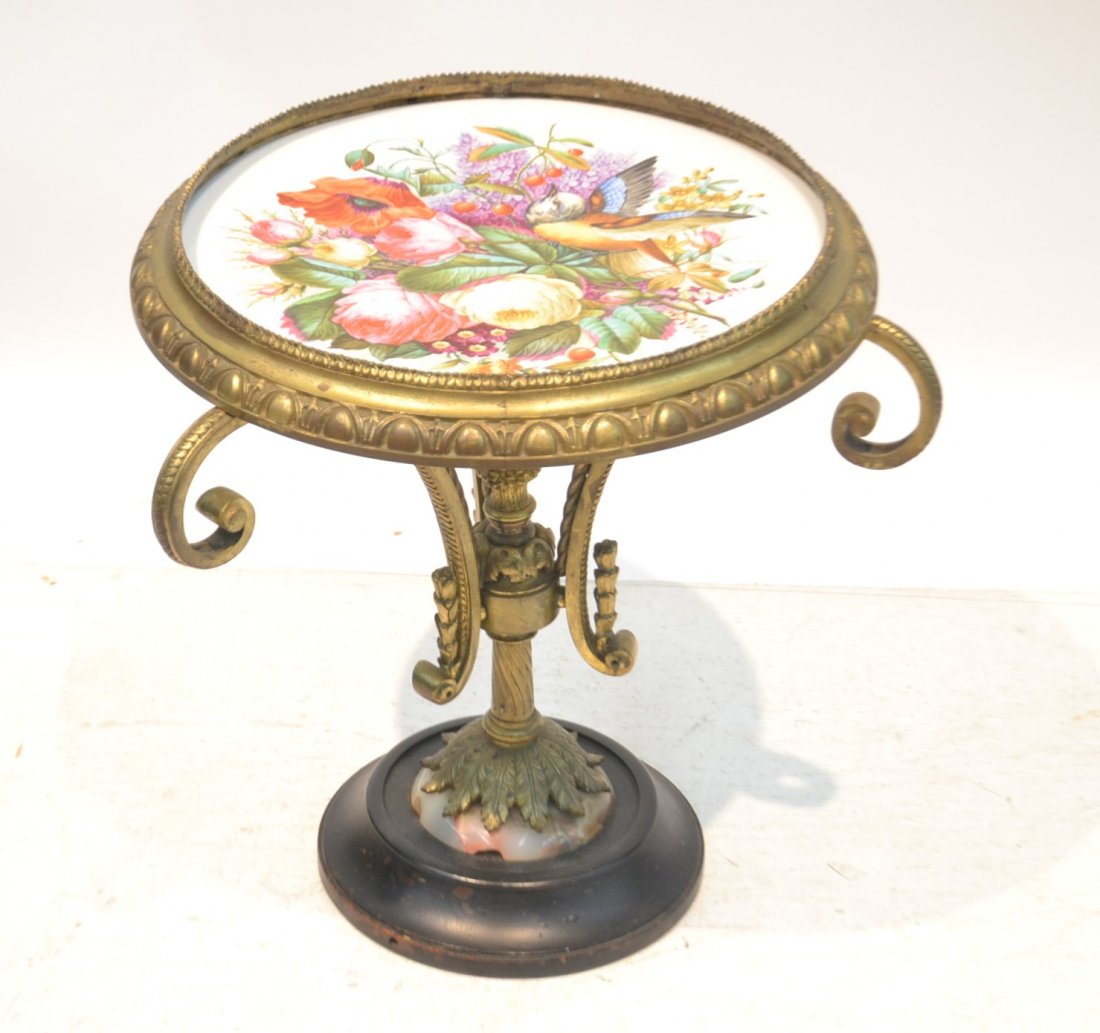 BRONZE TABLE WITH HAND PAINTED PORCELAIN: INSET CHARGER WITH BIRDS & FLOWERS ; WITH ONYX BASE - 17" x 19"