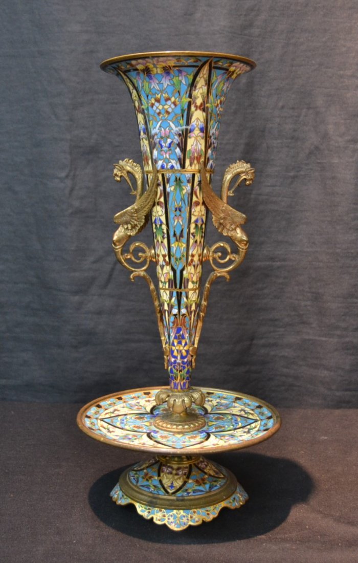 BRONZE CHAMPLEVE EPERGNE WITH WINGED DRAGON: HANDLES - 7" x 14"