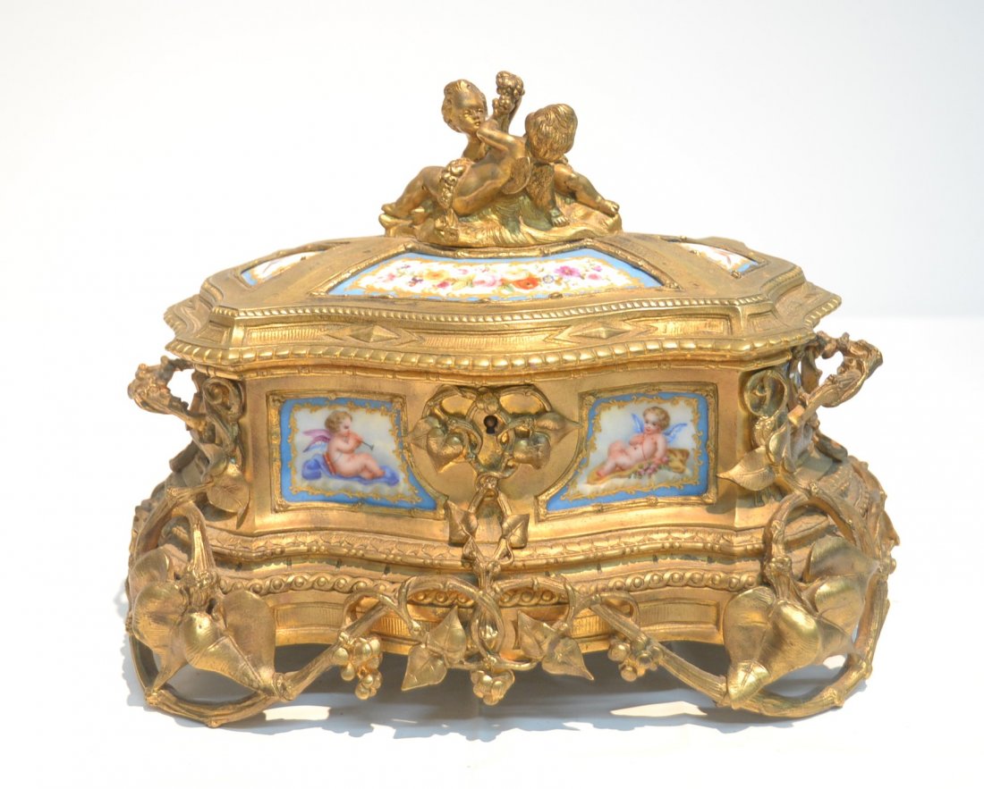 HEAVILY ENCRUSTED BRONZE & SEVRES CASKET BOX: WITH HAND PAINTED INSERTS , CHERUB FINIAL & ENCRUSTED VINES & FOLIATE - 10" x 7" x 7"