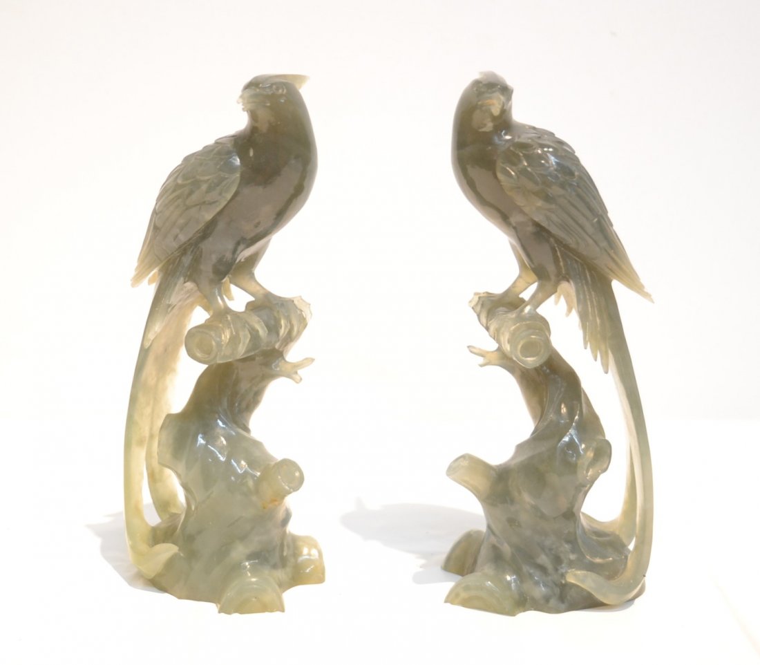 (Pr) JADE BIRDS PERCHED ON BRANCH - 2" x 6 1/4": (Pr) JADE BIRDS PERCHED ON BRANCH - 2" x 6 1/4"