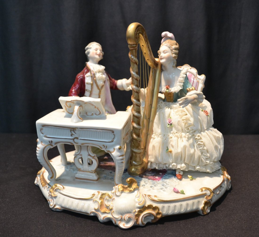 UNTERWEISSBACH GERMAN PORCELAIN GROUPING: MUSIC GROUP WITH PIANO & HARP - 11" x 7 1/2" x 9"
