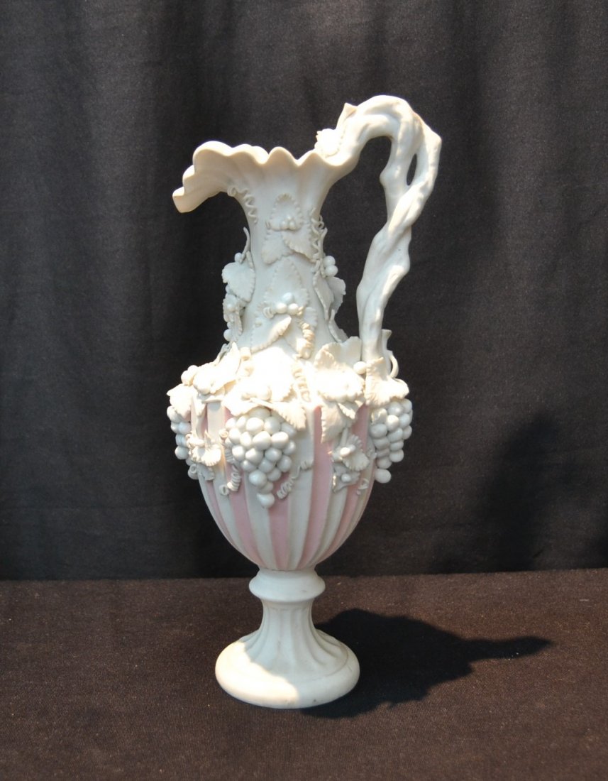 FRENCH PORCELAIN EWER WITH ENCRUSTED GRAPES &: FLOWERS - 5" x 10 1/2'