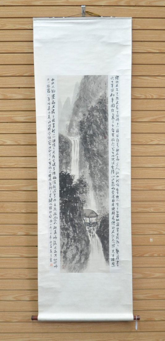 FU BAOSHI (1904-1965) CHINESE BLACK & WHITE: HAND PAINTED SCROLL WITH MOUNTAINS , WATERFALLS & FIGURES BY HUTS - 19" x 51"