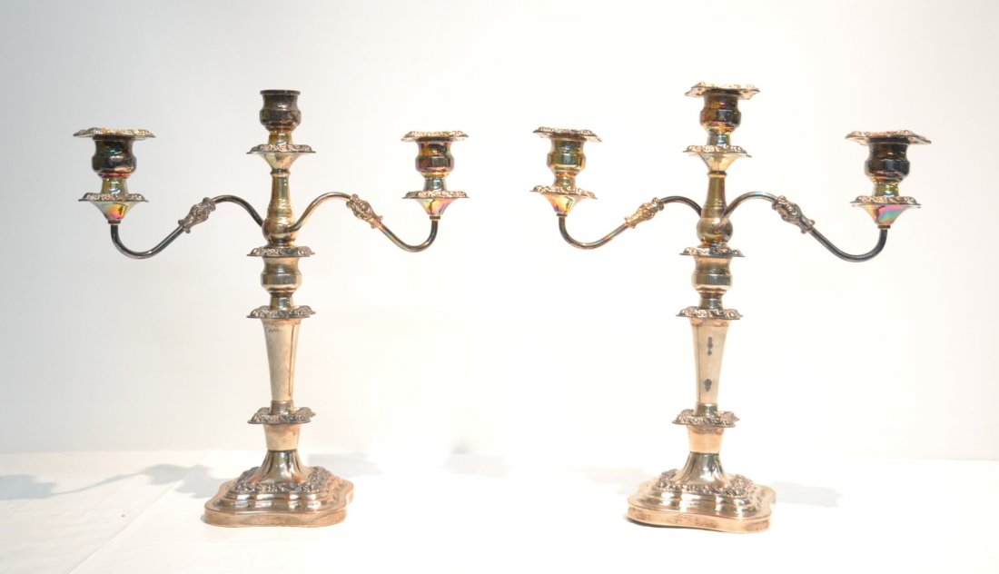 (Pr) LARGE SILVER PLATE 3 ARM CANDELABRA: SECTIONAL ; (ONE BOBECHE MISSING) 16" x 18"