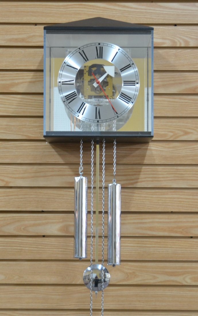 MODERN HOWARD MILLER WALL CLOCK: DRIVEN BY 2 WEIGHTS ; MODEL 674 - 13" x 8" x 16"