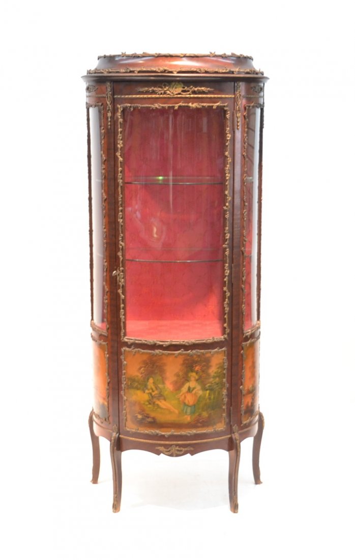 VERNIS MARTIN STYLE CURIO CABINET WITH: ROMANTIC SCENE & LANDSCAPE SIDES WITH BRONZE MOUNTS (HAS PLEXIGLASS PANELS) 27" x 15" x 65"