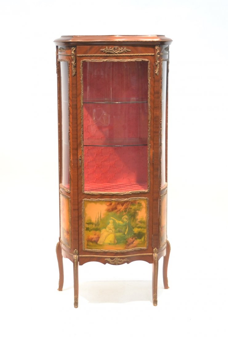 VERNIS MARTIN STYLE CURIO CABINET WITH: ROMANTIC SCENE & LANDSCAPE SIDES WITH BRONZE MOUNTS (HAS PLEXIGLASS PANELS)26" x 14" x 59 1/2"