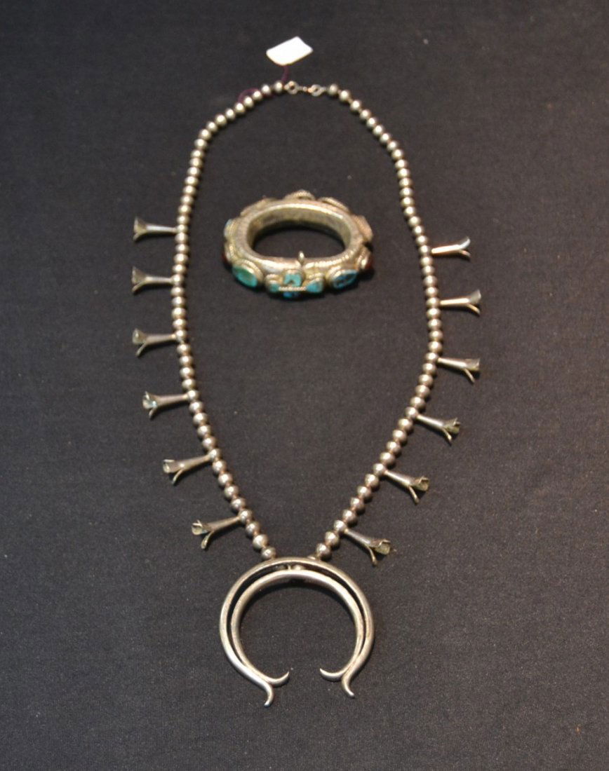 NATIVE AMERICAN STERLING SQUASH BLOSSUM NECKLACE: & SILVER BRACELET WITH TURQUOISE - NECKLACE IS 28" LONG