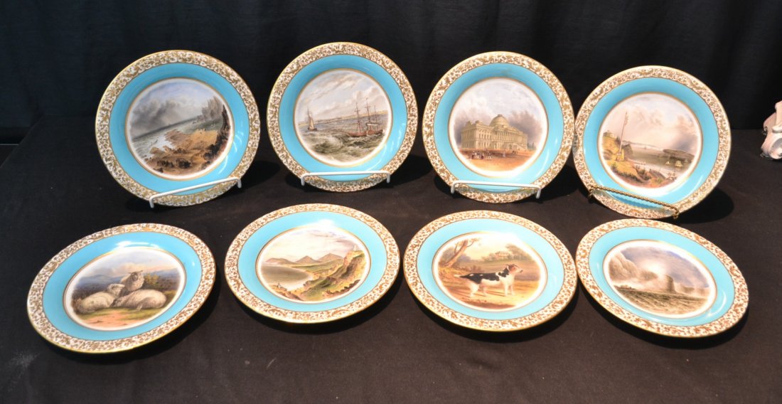 (8) HAND PAINTED EARLY ROYAL WORCESTER PLATES: WITH SCENES DEPICTING KILLENY BAY , NIAGRA FALLS , SHIP SCENES, NEW YORK BAY , GALWAY BAY, CAPITAL BUILDING, GIANTS CAUSEWAY , SHEEP GIL & DOG ; CIRCA 1850's - 9" D