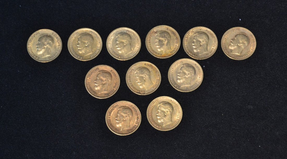 (11) RUSSIAN 10 RUBEL GOLD COINS ;: DATED RANGE FROM 1899-1902 ; NICHOLAS II (PLEASE NOTE :PAYMENT FOR GOLD COINS WILL ONLY BE ACCEPTED IN BANK CHECK OR WIRE TRANSFER ; NO CREDIT CARDS OR PAYPAL ACCEPTED)