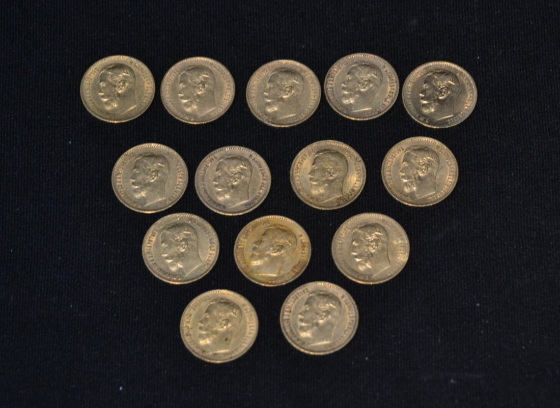 (14) RUSSIAN 1897-1901 5 RUBEL GOLD COINS: NICHOLAS II - 4.49grams EACH ; 59.9grams TOTAL (PLEASE NOTE :PAYMENT FOR GOLD COINS WILL ONLY BE ACCEPTED IN BANK CHECK OR WIRE TRANSFER ; NO CREDIT CARDS OR PAYPAL ACCEPTED)