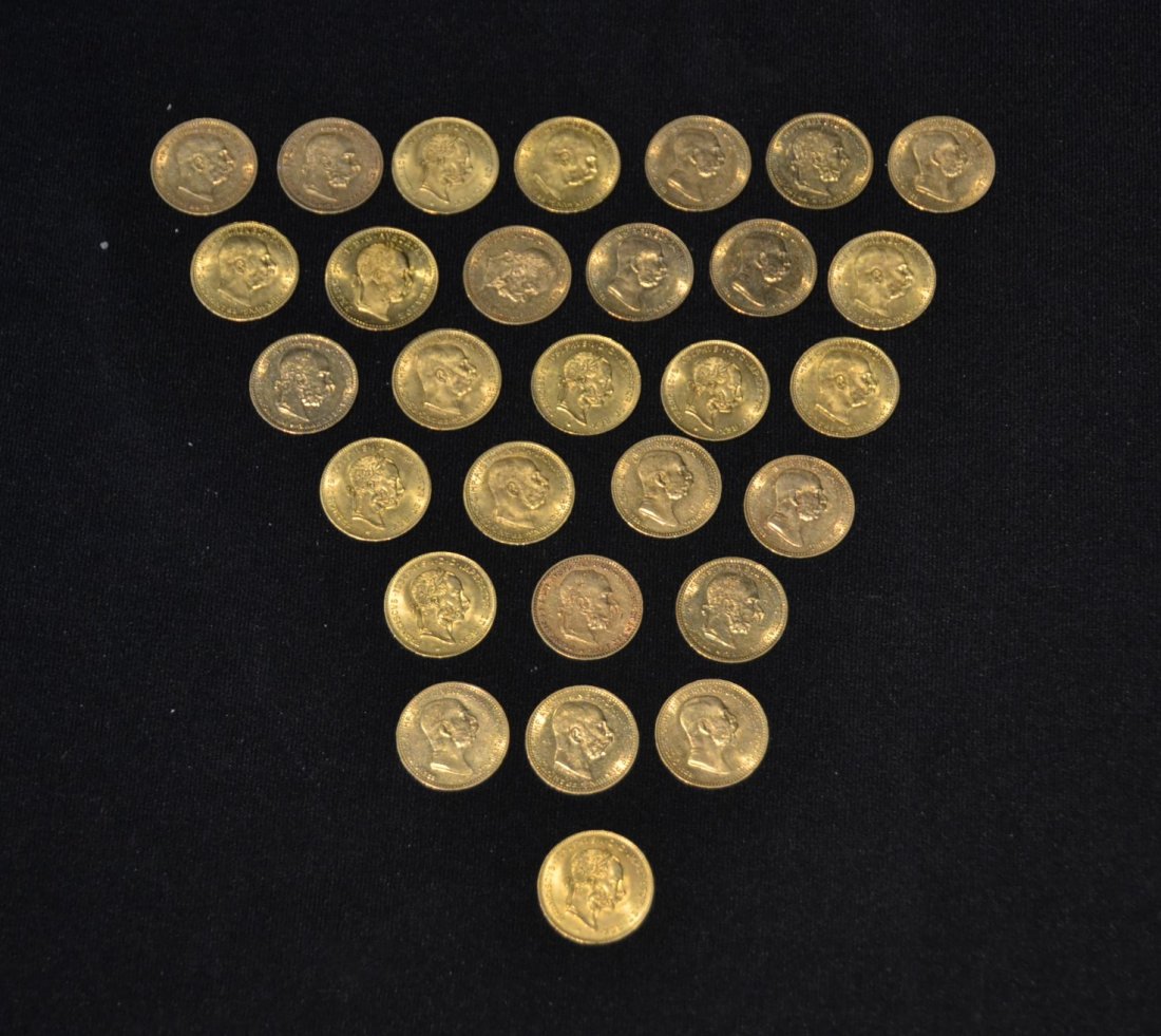 (29) AUSTRIAN 10 KRONEN GOLD COINS: EMPEROR FRANZ JOSEPH I; COINS DATED 1892-1915 (PLEASE NOTE :PAYMENT FOR GOLD COINS WILL ONLY BE ACCEPTED IN BANK CHECK OR WIRE TRANSFER ; NO CREDIT CARDS OR PAYPAL ACCEPTED)