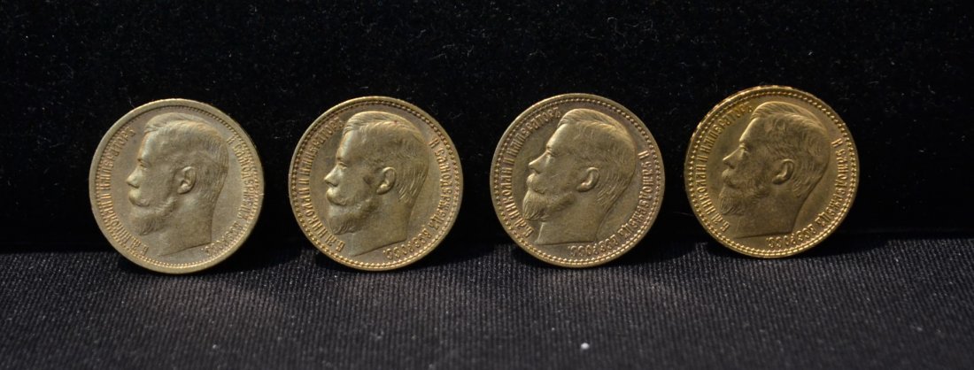 (4) RUSSIAN 15 RUBEL GOLD COINS OF NICHOLAS II: (4) RUSSIAN 15 RUBEL GOLD COINS OF NICHOLAS II (PLEASE NOTE :PAYMENT FOR GOLD COINS WILL ONLY BE ACCEPTED IN BANK CHECK OR WIRE TRANSFER ; NO CREDIT CARDS OR PAYPAL ACCEPTED)
