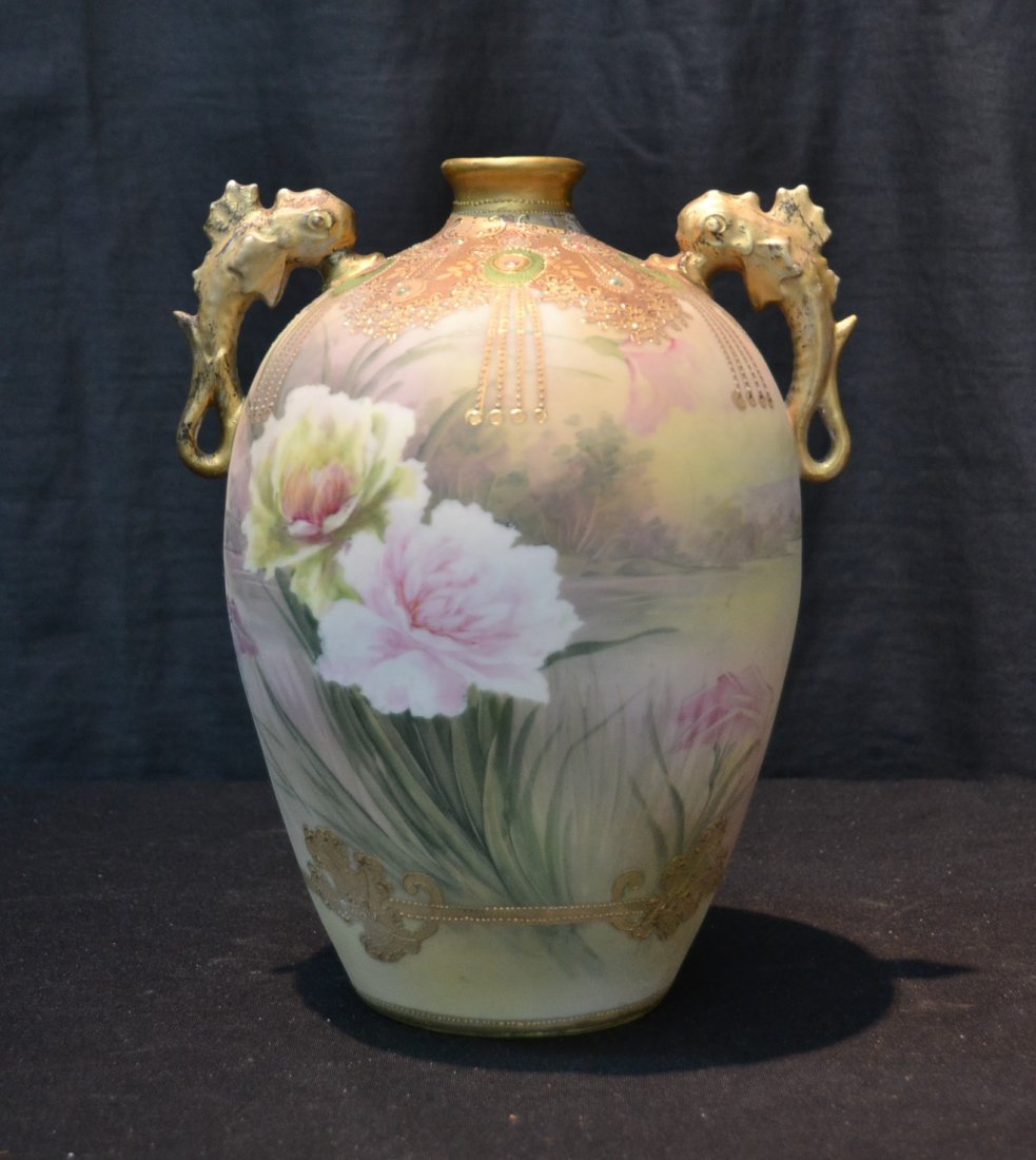 NIPPON PORCELAIN VASE WITH TWIN SERPENT HANDLES: DECORATED WITH FLOWERS & JEWELS - 8 1/2' x 7" x 10 1/2"